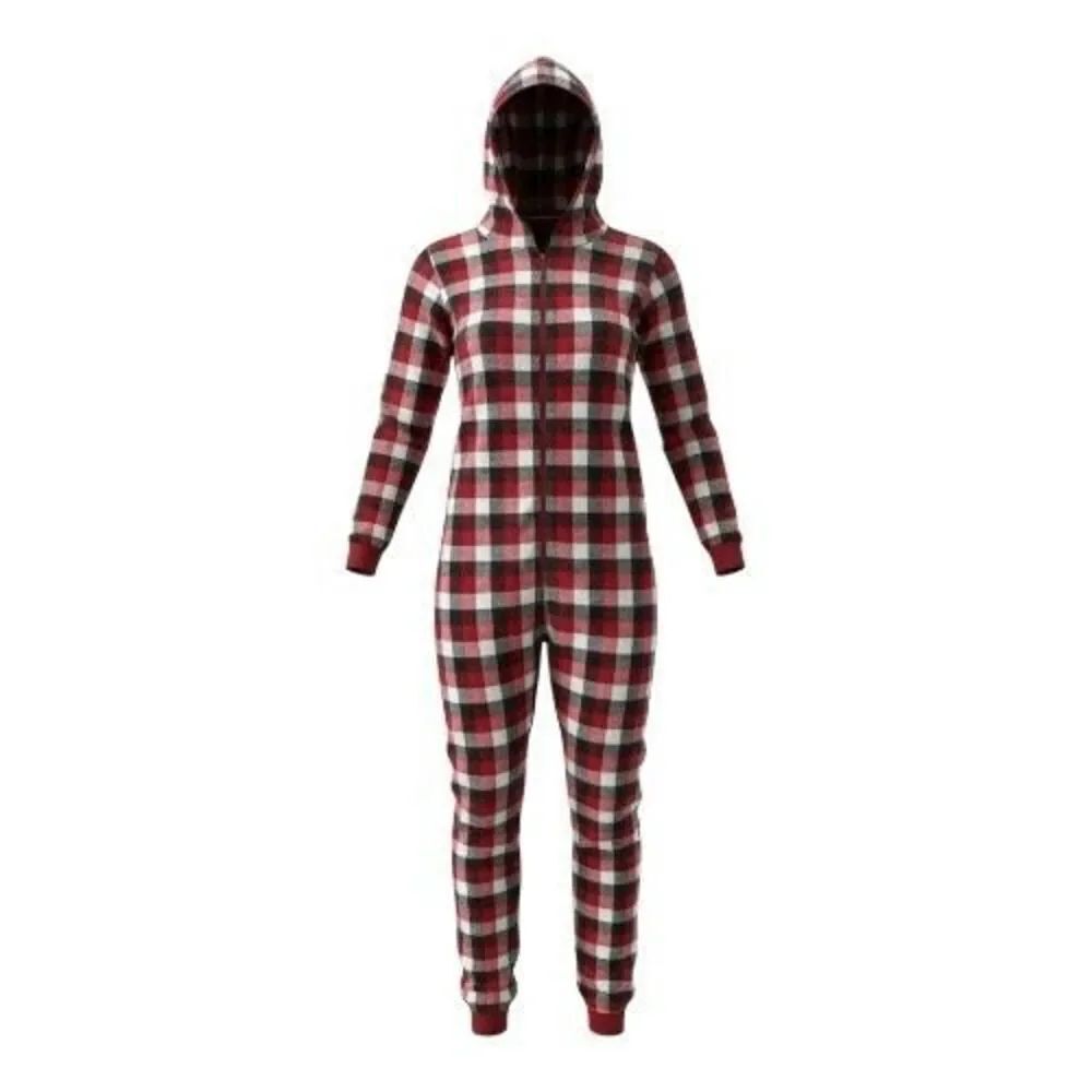 Family PJs Women Buffalo Check Pajama Color Red One Piece Plus Size 2XL Hooded